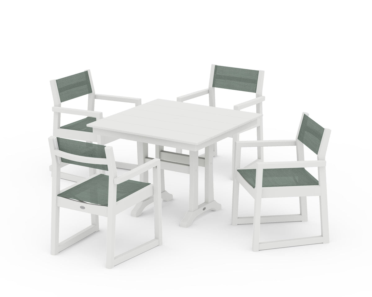 POLYWOOD EDGE Sling 5-Piece Farmhouse Dining Set with Trestle Legs in Vintage White / Dupioni Sea Mist