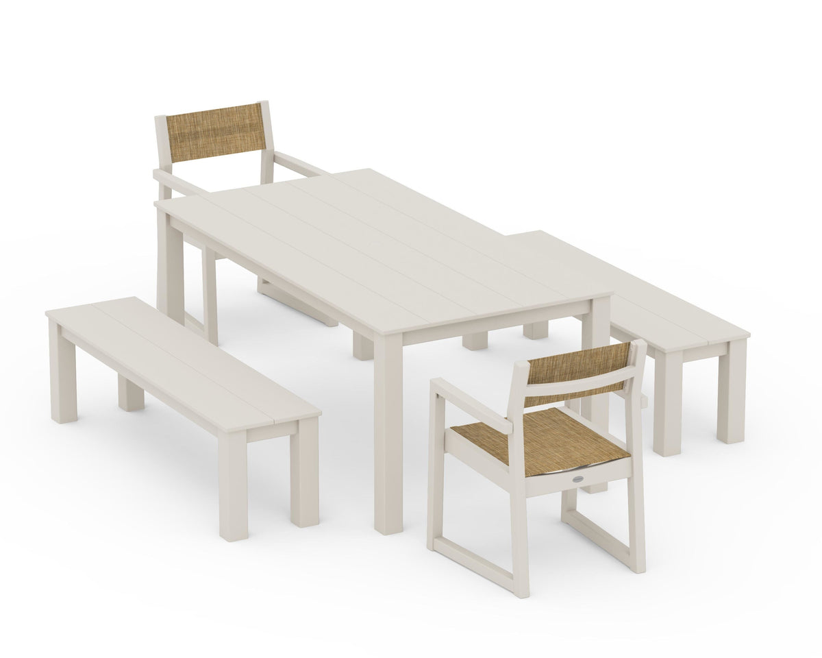 POLYWOOD EDGE Sling Arm Chair 5-Piece Parsons Dining Set with Benches in Sand / Burlap