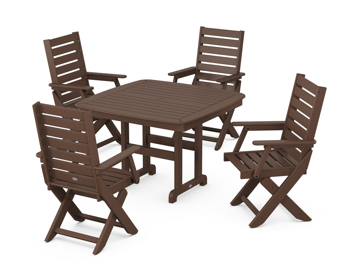 POLYWOOD Captain Folding Chair 5-Piece Dining Set with Trestle Legs - 44" Table in Mahogany