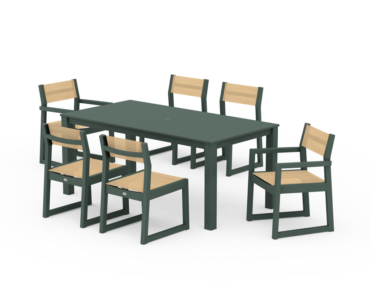 POLYWOOD EDGE Sling 7-Piece Parsons Dining Set in Green / Dupioni Apricot