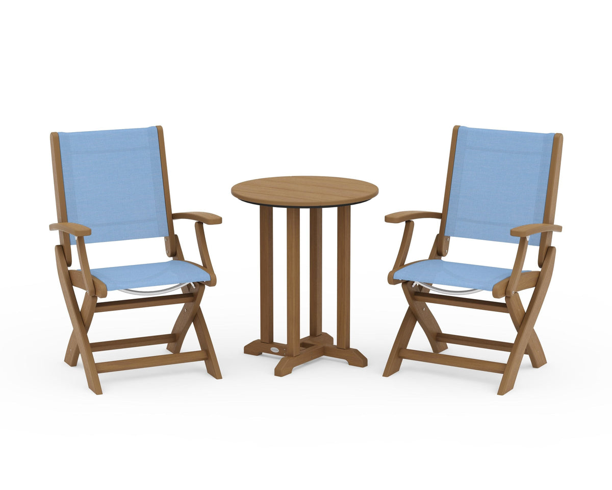 POLYWOOD Coastal Folding 3-Piece Round Bistro Dining Set in Natural / Poolside