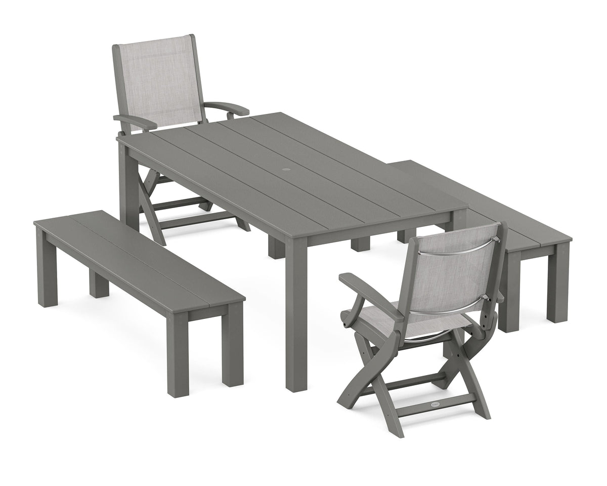 POLYWOOD Coastal Folding Chair 5-Piece Parsons Dining Set with Benches in Slate Grey / Black