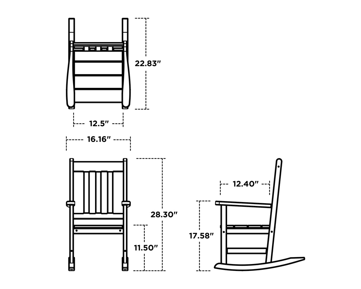 POLYWOOD Kids Vineyard Rocking Chair dimension drawing with width, depth and height measurements