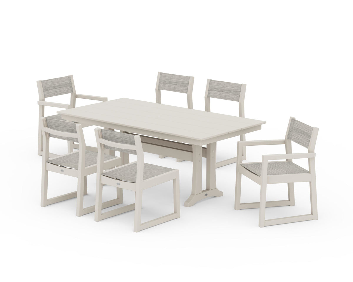 POLYWOOD EDGE Sling 7-Piece Farmhouse Trestle Dining Set in Sand / Birch