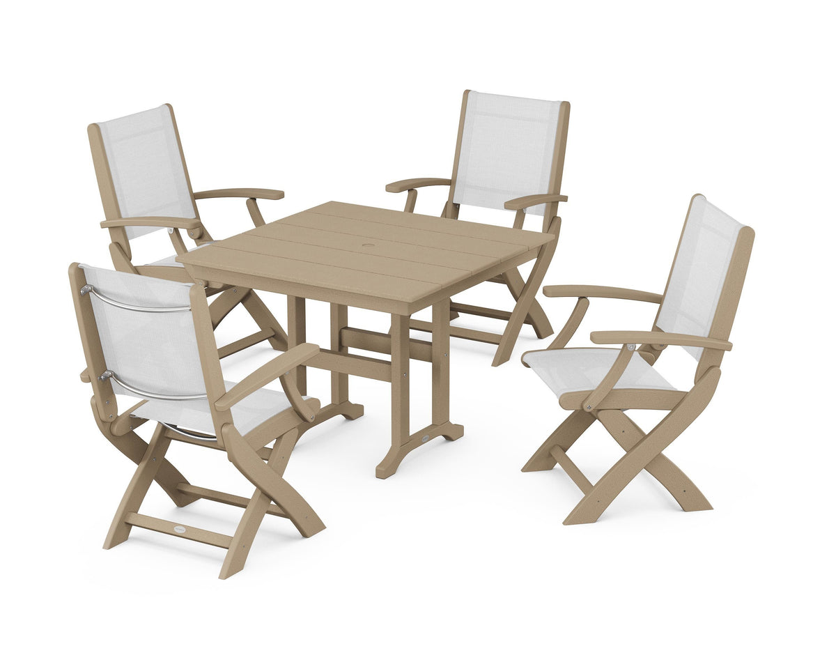 POLYWOOD Coastal Folding Chair 5-Piece Farmhouse Dining Set in Vintage Sahara / White