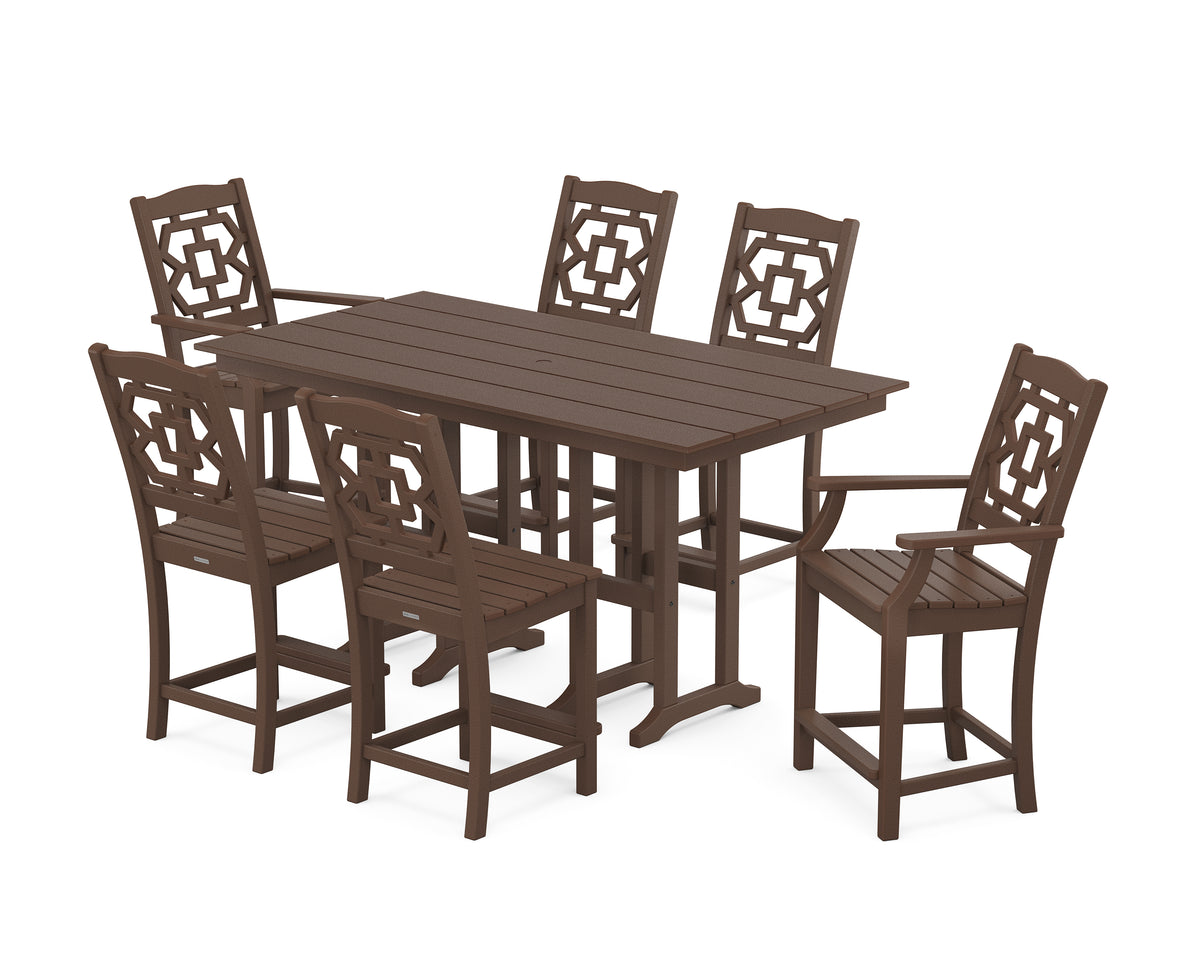 POLYWOOD Chinoiserie 7-Piece Farmhouse Counter Set in Mahogany
