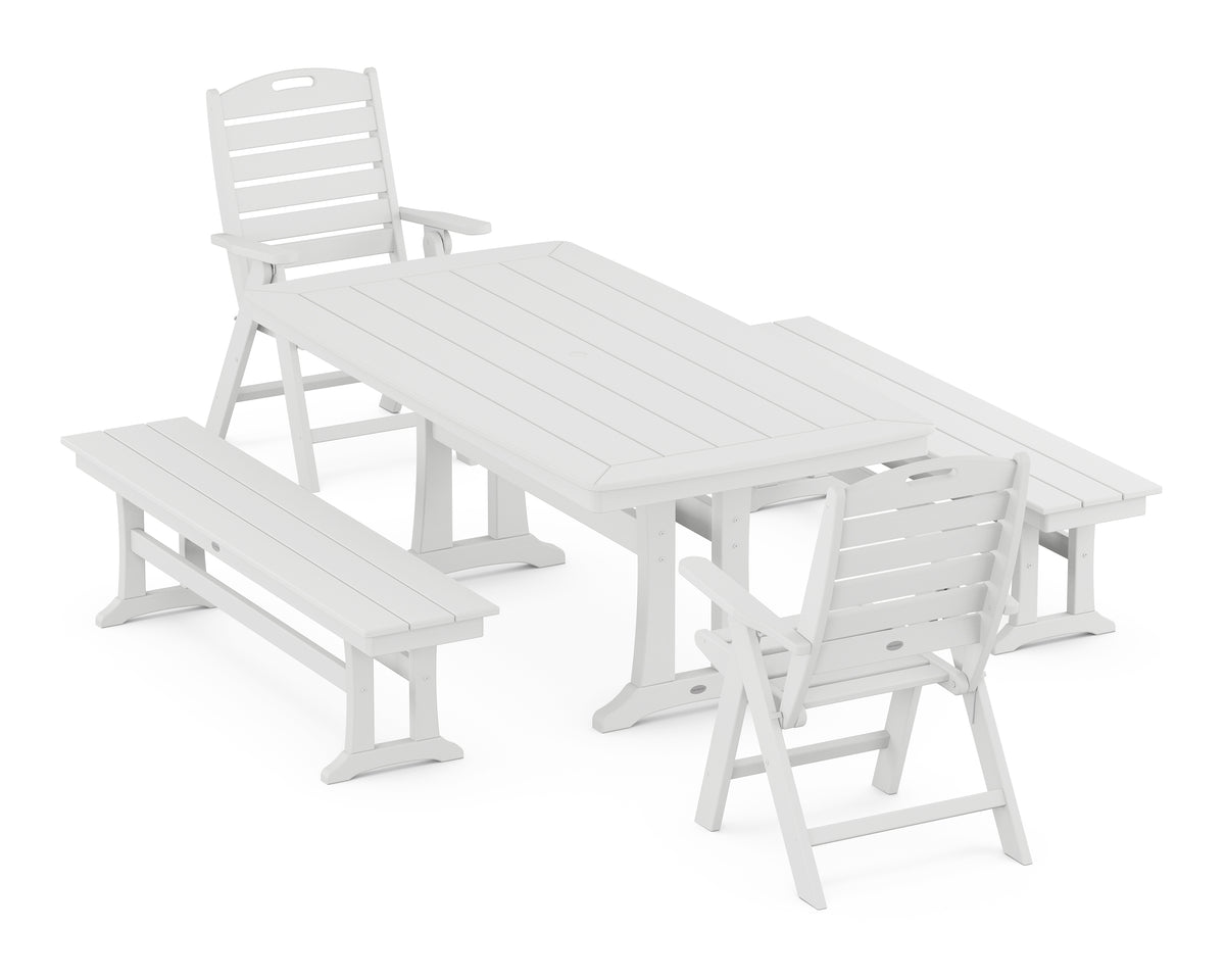 POLYWOOD Nautical Folding Highback Chair 5-Piece Dining Set with Trestle Legs and Benches in White