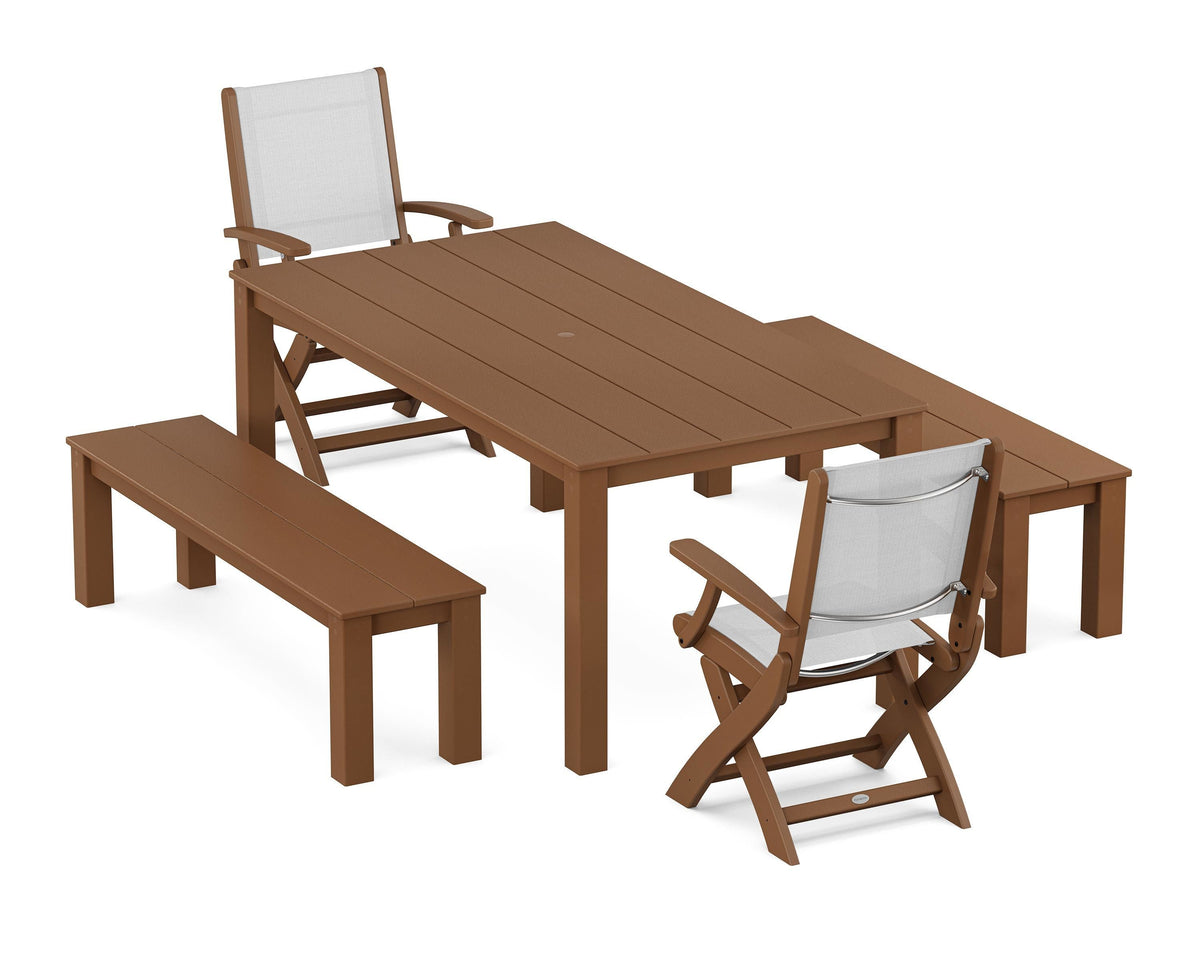 POLYWOOD Coastal Folding Chair 5-Piece Parsons Dining Set with Benches in Teak / White