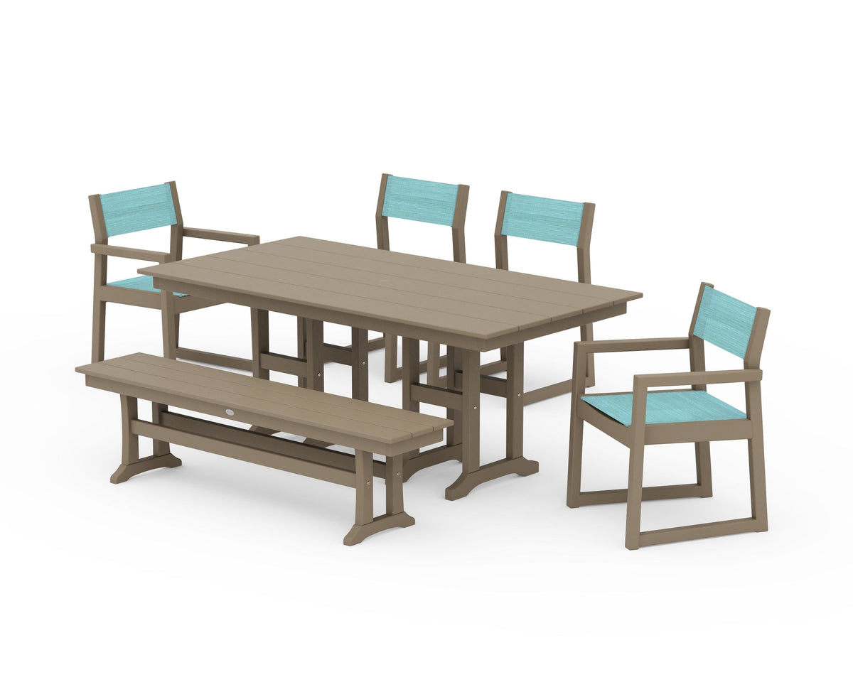 POLYWOOD EDGE Sling 6-Piece Farmhouse Dining Set in Vintage Sahara / Dupioni Aquamarine
