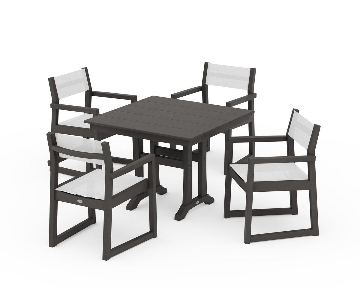 POLYWOOD EDGE Sling 5-Piece Farmhouse Dining Set with Trestle Legs in Vintage Coffee / White