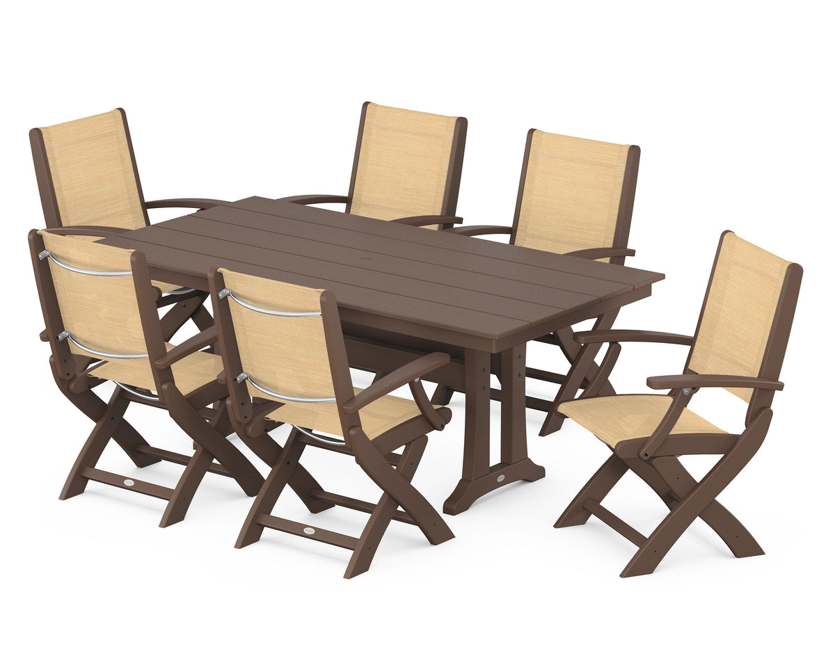 POLYWOOD Coastal Folding Arm Chair 7-Piece Farmhouse Dining Set with Trestle Legs in Mahogany / Dupioni Apricot