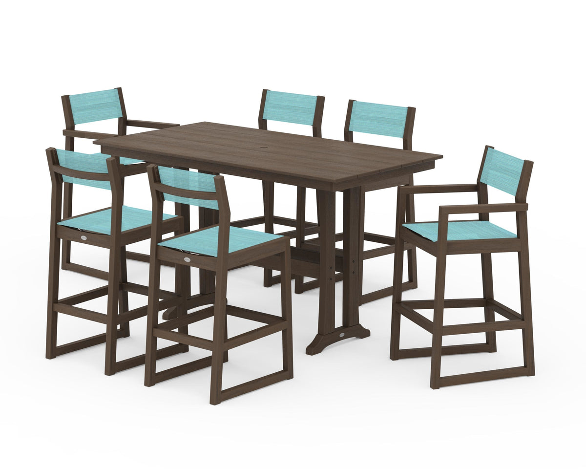 POLYWOOD EDGE Sling 7-Piece Farmhouse Bar Set with Trestle Legs in Kona / Dupioni Aquamarine