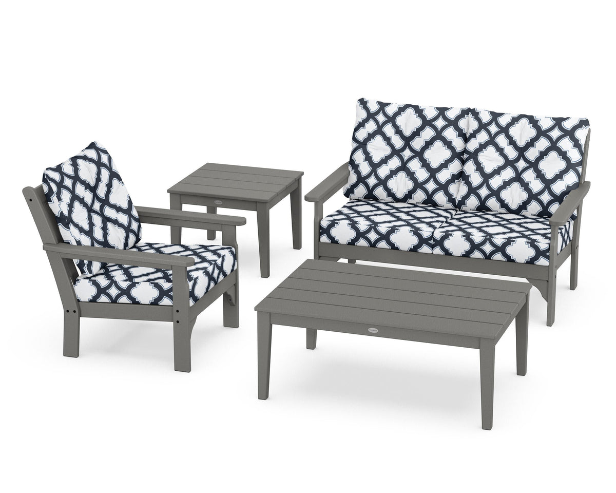 POLYWOOD Vineyard 4-Piece Deep Seating Set in Slate Grey / Trellis Marine Indigo