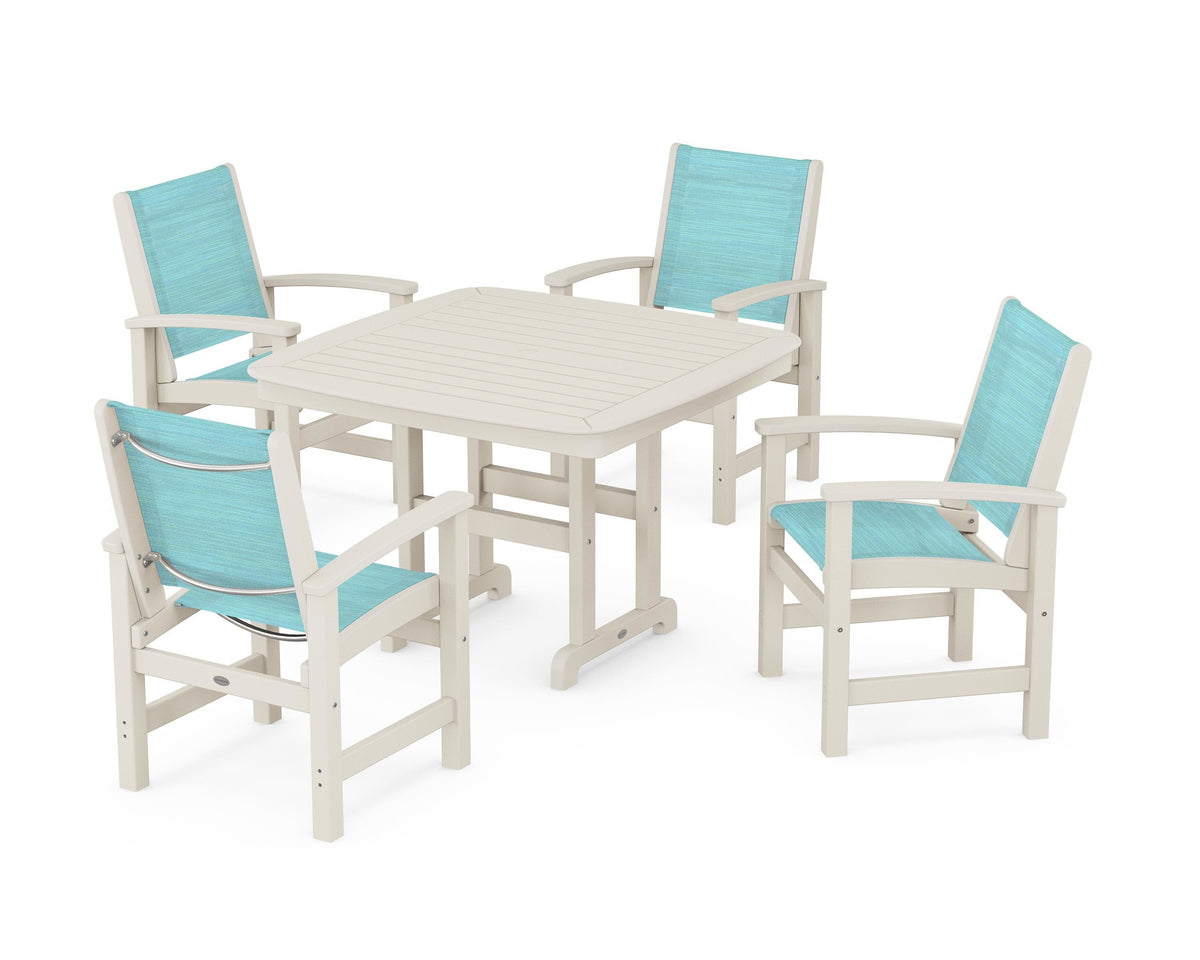 POLYWOOD Coastal 5-Piece Dining Set with Nautical 44" Dining Table in Sand / Dupioni Aquamarine