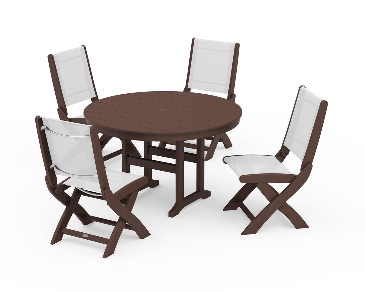 POLYWOOD Coastal Folding Side Chair 5-Piece Round Dining Set in Mahogany / White