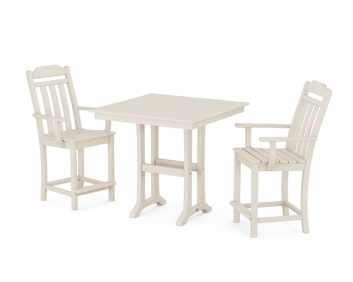 POLYWOOD Country Living Cottage 3-Piece Farmhouse Counter Set with Trestle Legs in Sand