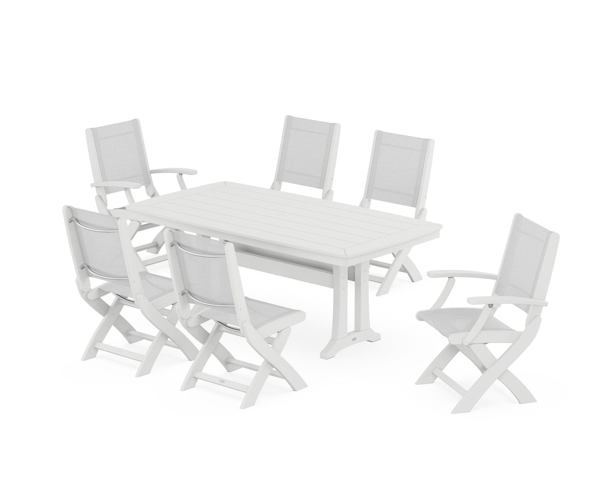POLYWOOD Coastal Folding Chair 7-Piece Dining Set with Trestle Legs with Nautical Trestle 38" x 73" Dining Table in White / White