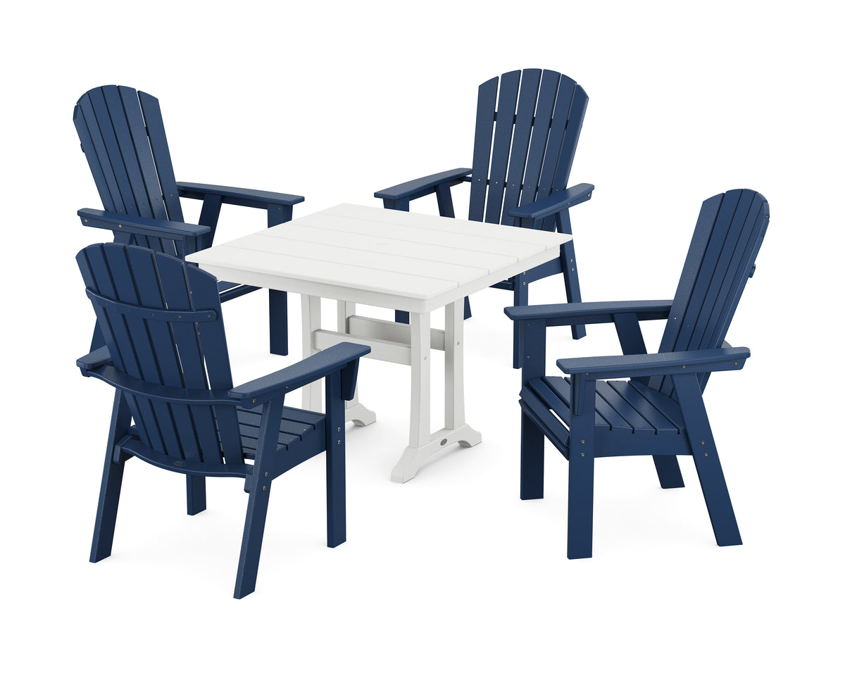 POLYWOOD Nautical Adirondack 5-Piece Farmhouse Dining Set with Trestle Legs - 37" Table in Navy / White