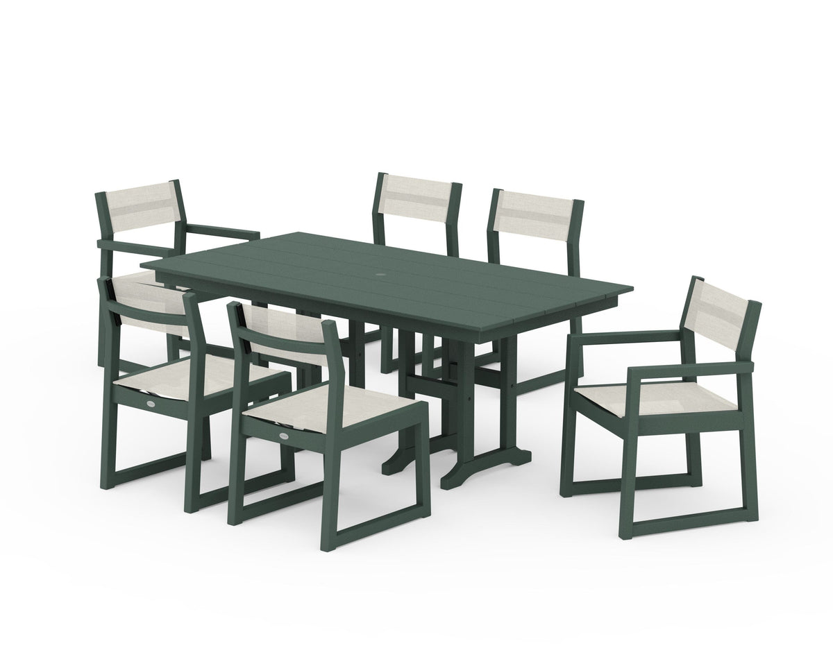 POLYWOOD EDGE Sling 7-Piece Farmhouse Dining Set in Green / Parchment