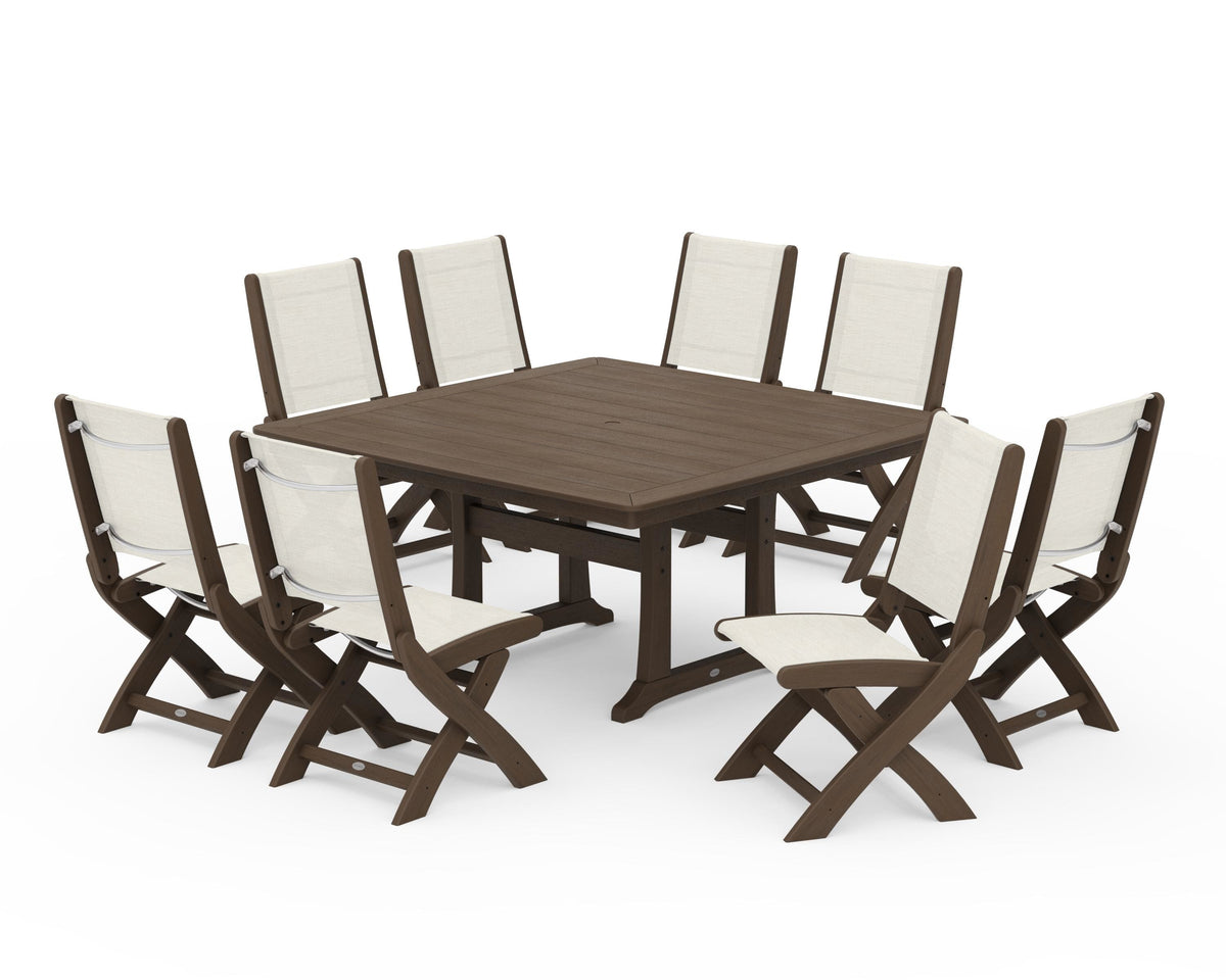 POLYWOOD Coastal Folding Side Chair 9-Piece Dining Set with Trestle Legs in Kona / Parchment