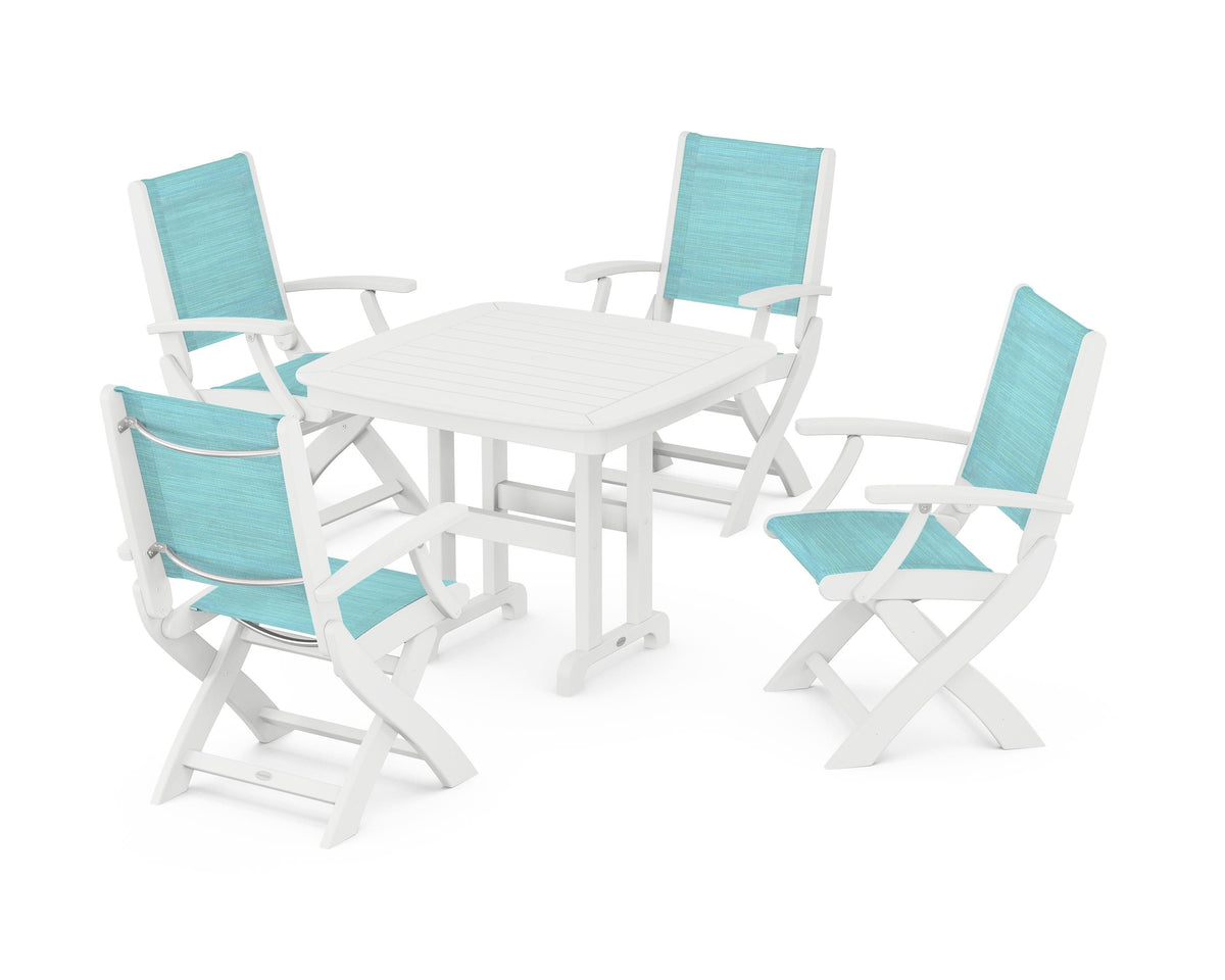 POLYWOOD Coastal Folding Chair 5-Piece Dining Set with Nautical 37" Dining Table in White / Dupioni Aquamarine