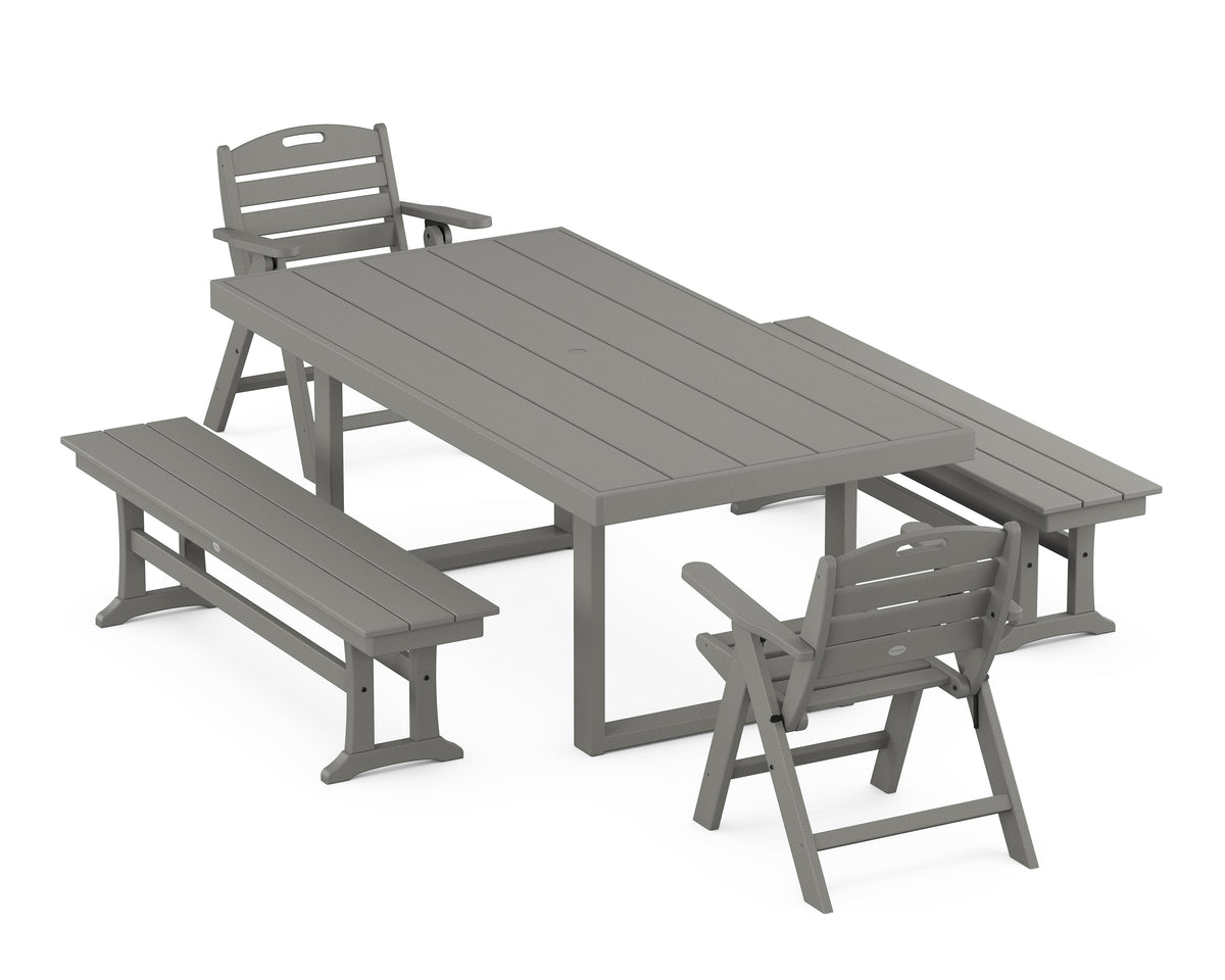 POLYWOOD Nautical Lowback 5-Piece Dining Set with Benches - 39" x 78" Table in Slate Grey