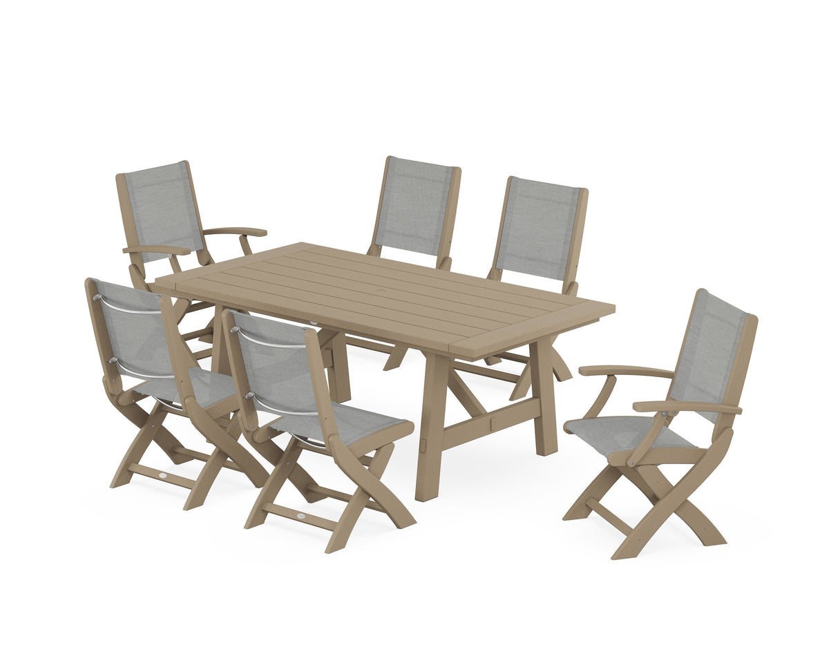 POLYWOOD Coastal Folding Chair 7-Piece Rustic Farmhouse Dining Set in Vintage Sahara / Metallic
