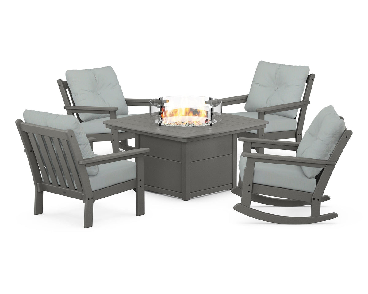 POLYWOOD Vineyard 5-Piece Deep Seating Rocking Chair Conversation Set with Fire Pit Table in Slate Grey / Spa