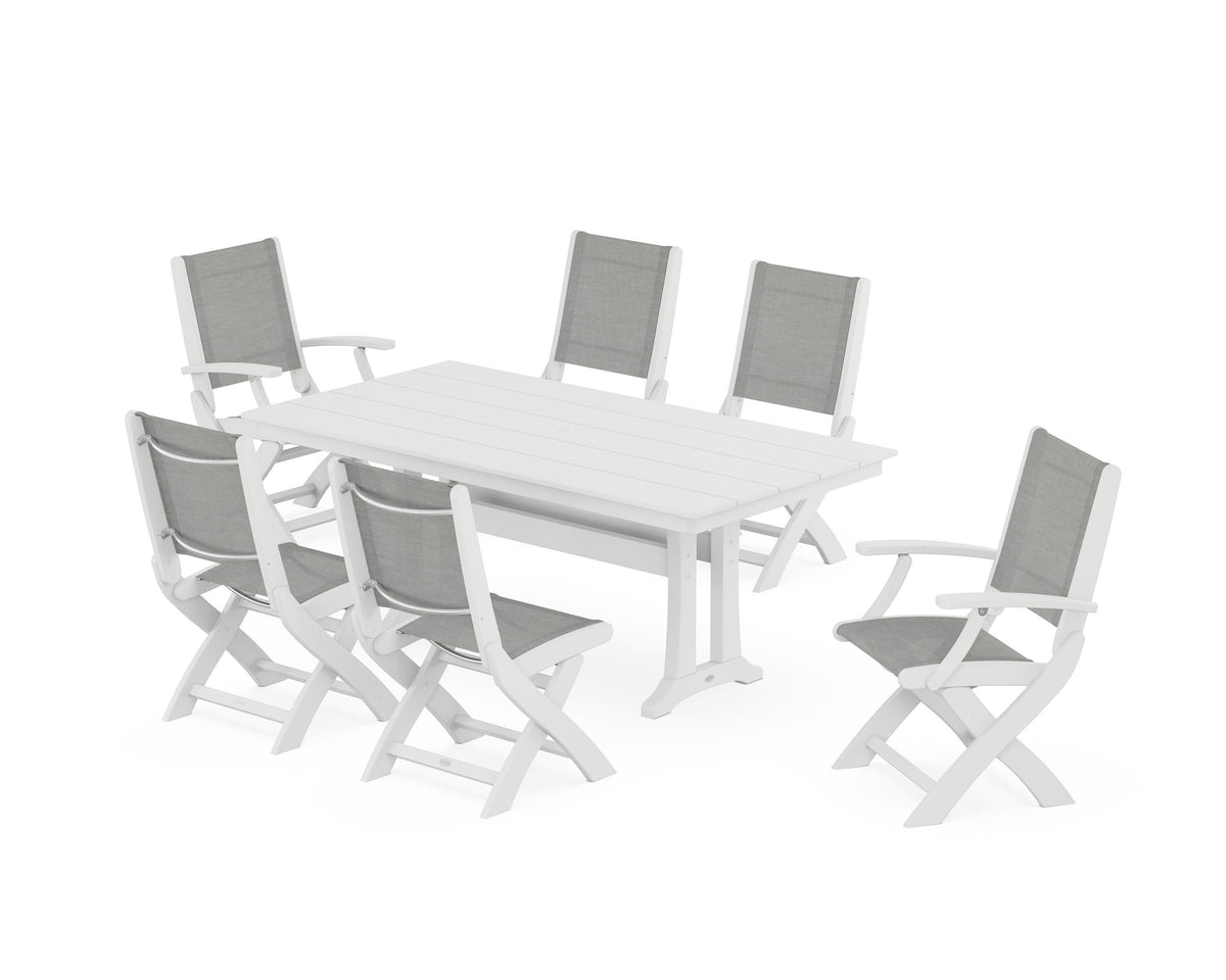 POLYWOOD Coastal Folding Chair 7-Piece Farmhouse Dining Set with Trestle Legs in White / Metallic
