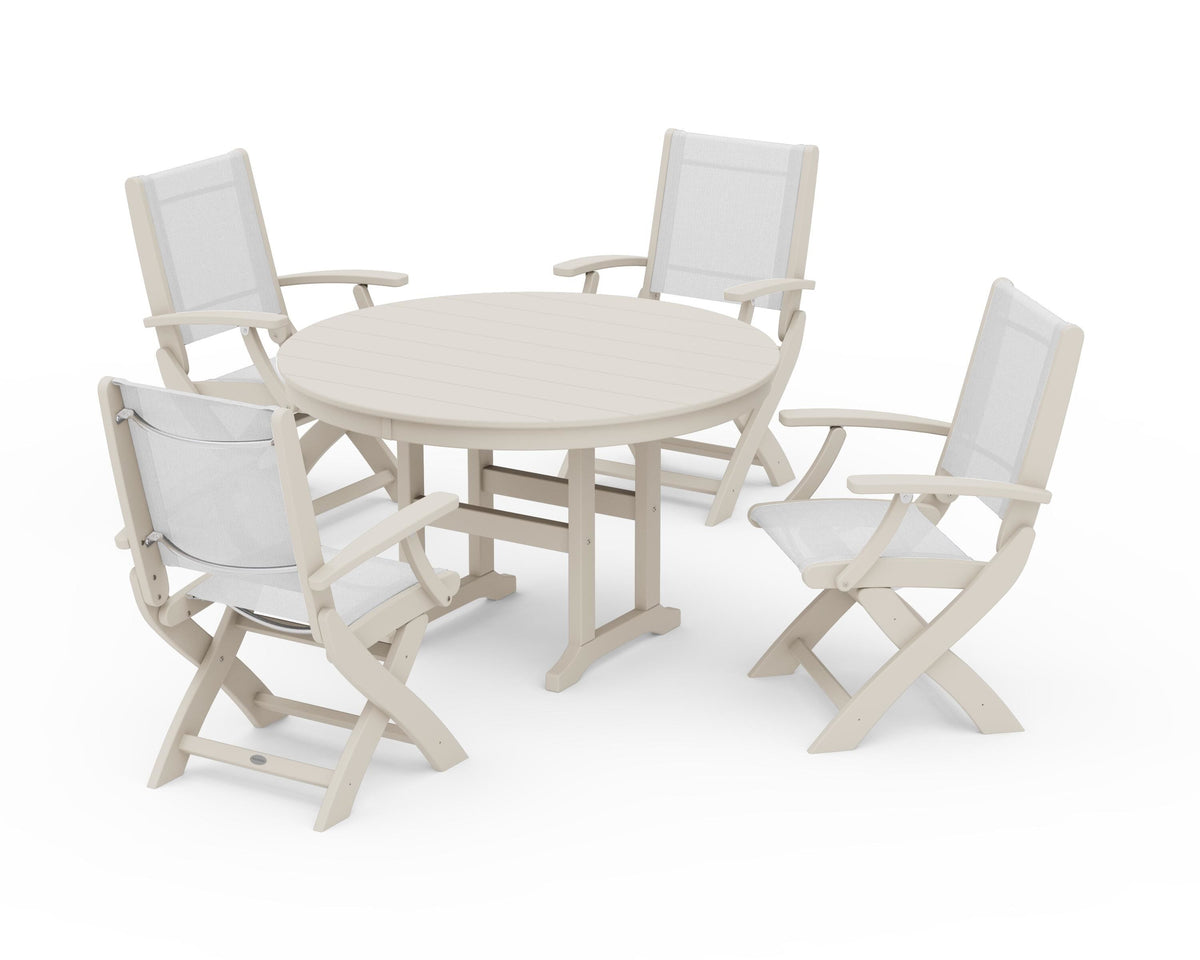 POLYWOOD Coastal Folding Chair 5-Piece Round Dining Set in Sand / White