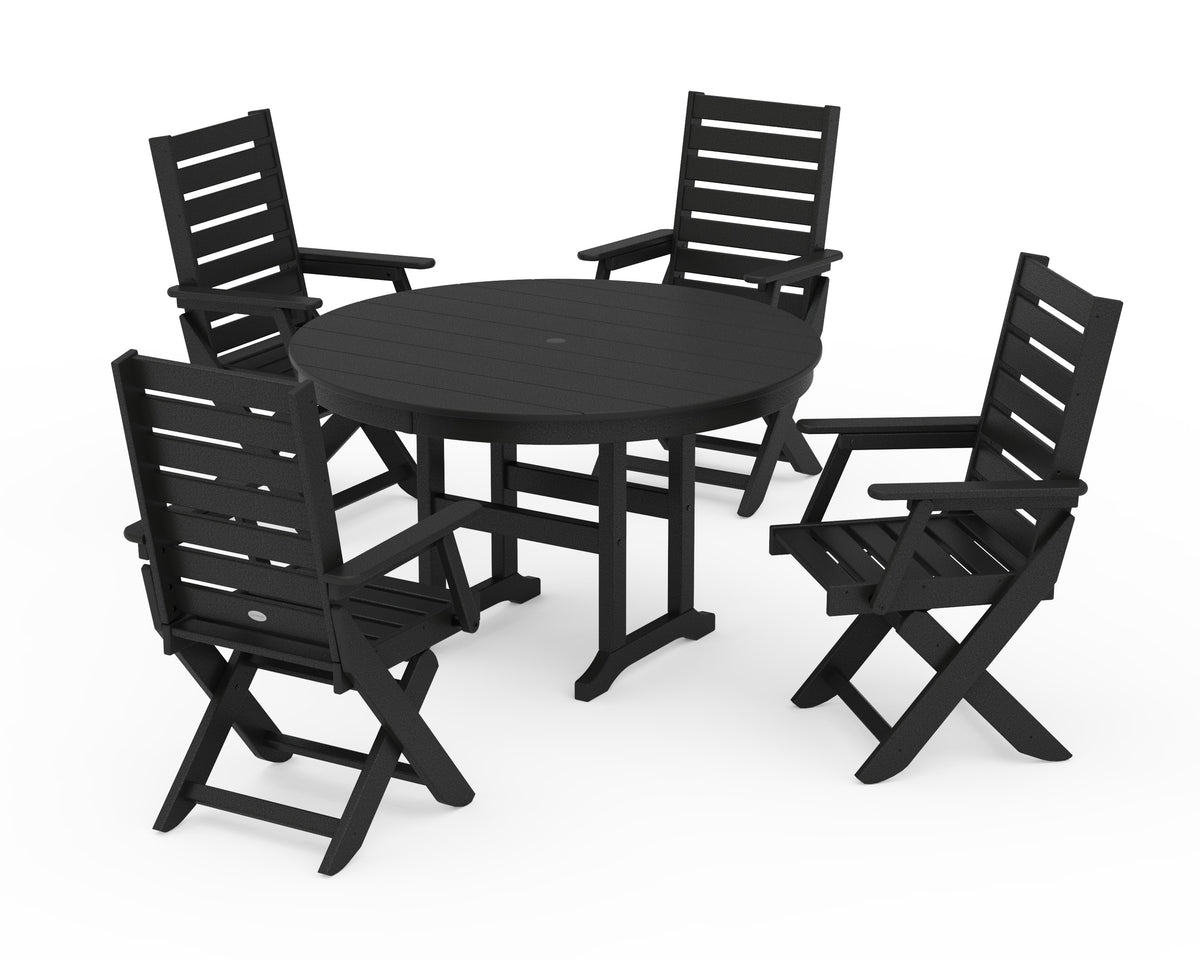 POLYWOOD Captain Folding Chair 5-Piece Round Dining Set in Black