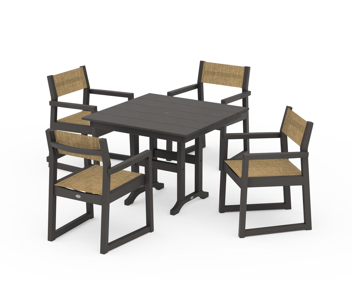POLYWOOD EDGE Sling Arm Chair 5-Piece Farmhouse Dining Set in Vintage Coffee / Burlap
