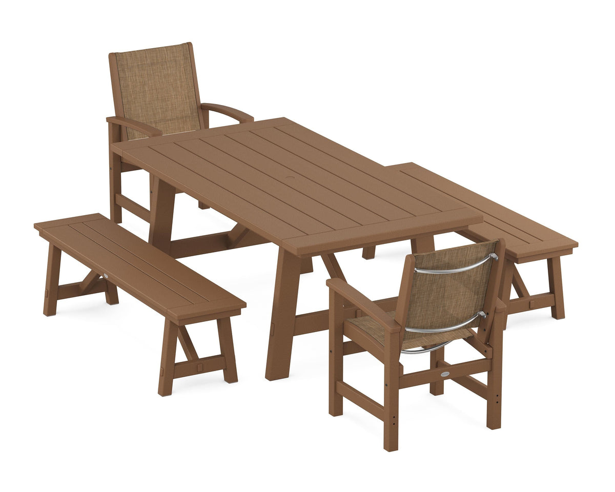 POLYWOOD Coastal 5-Piece Rustic Farmhouse Dining Set With Benches in Teak / Burlap