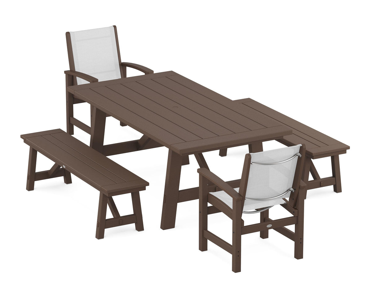POLYWOOD Coastal 5-Piece Rustic Farmhouse Dining Set With Benches in Mahogany / White