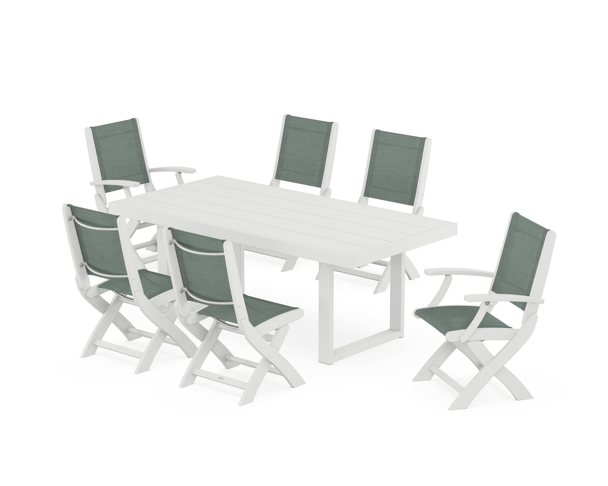 POLYWOOD Coastal Folding Chair 7-Piece Dining Set with Trestle Legs with EDGE 40" x 78" Dining Table in White / Dupioni Sea Mist