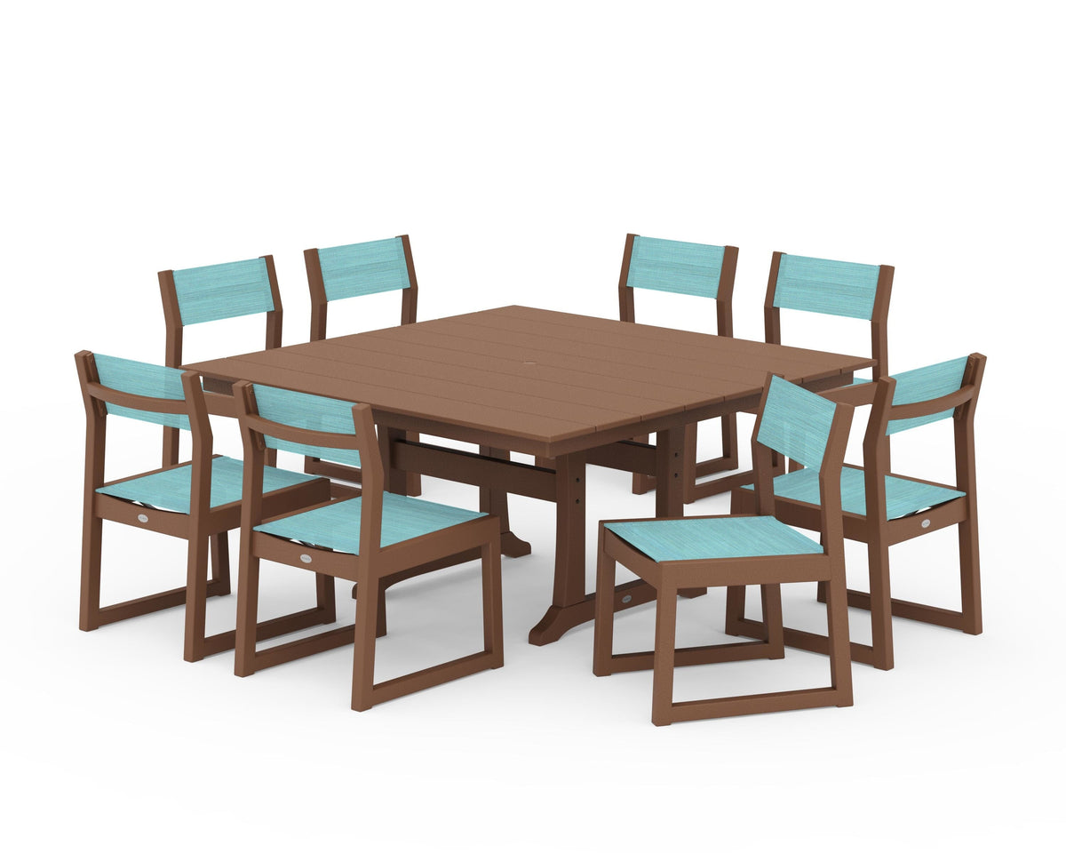 POLYWOOD EDGE Sling Side Chair 9-Piece Farmhouse Trestle Dining Set in Teak / Dupioni Aquamarine
