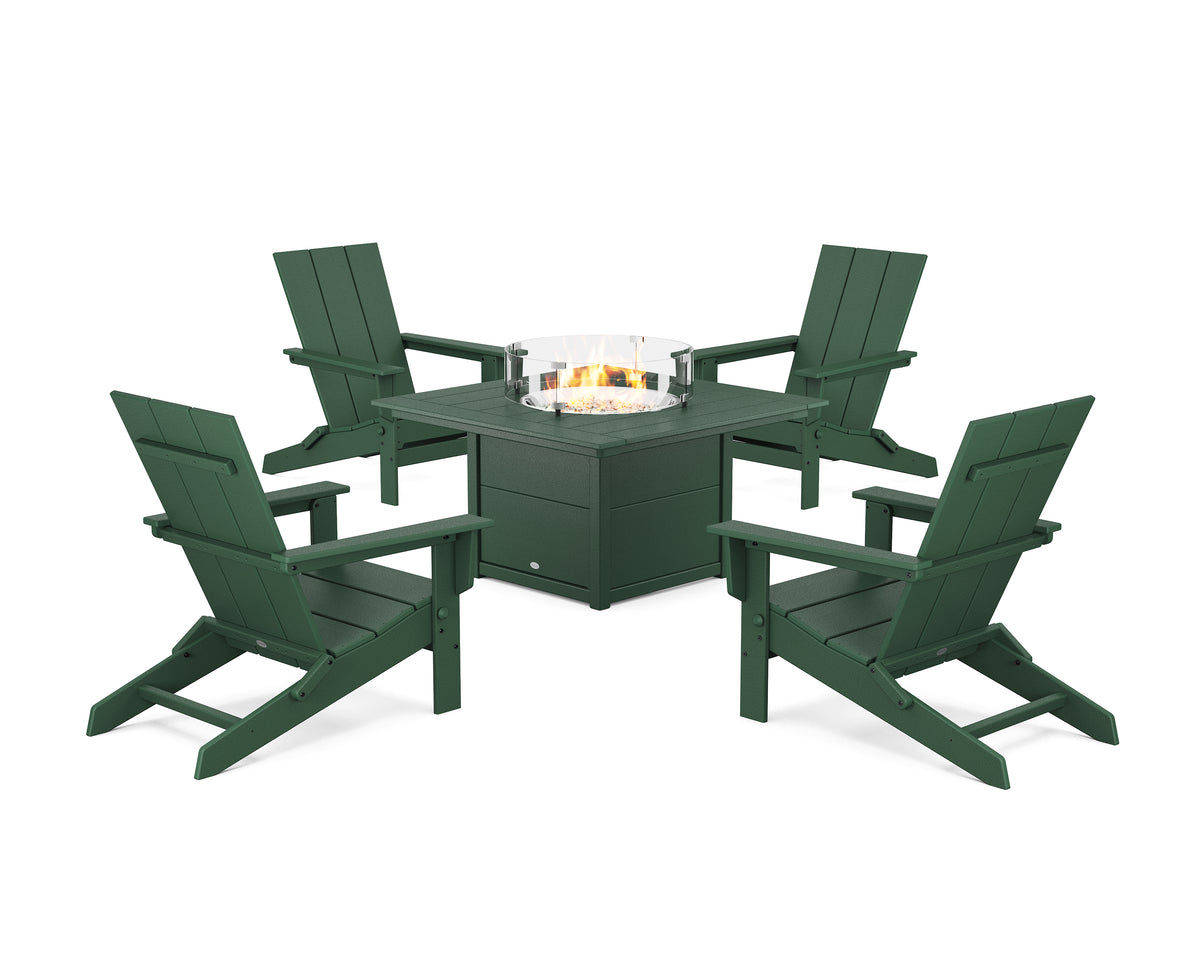POLYWOOD 5-Piece Modern Studio Folding Adirondack Conversation Set with Fire Pit Table in Green