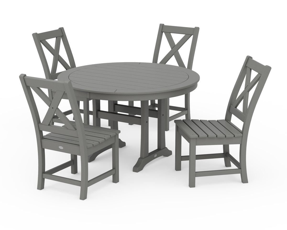 POLYWOOD Braxton Side Chair 5-Piece Round Dining Set with Trestle Legs in Slate Grey