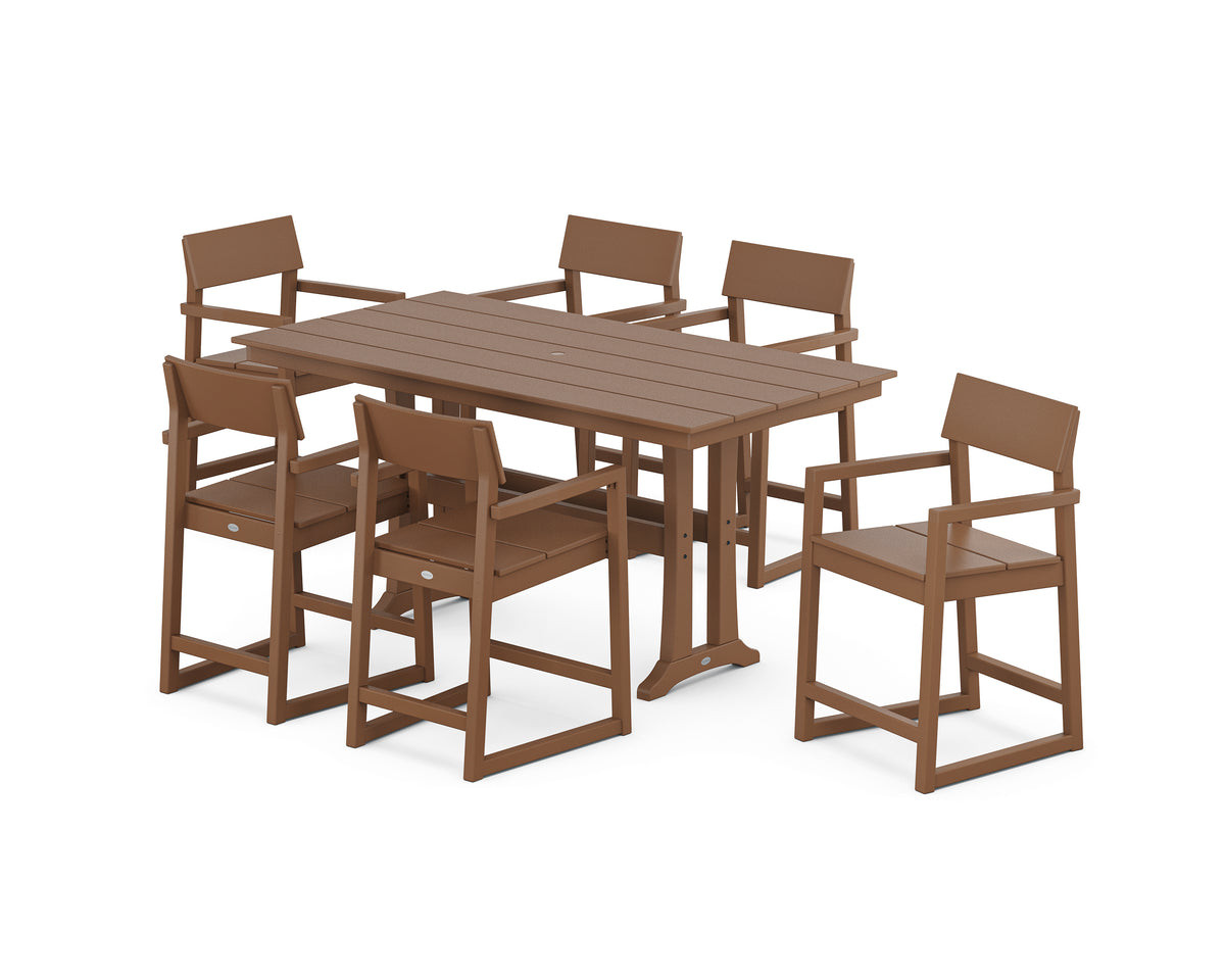 POLYWOOD EDGE Arm Chair 7-Piece Farmhouse Counter Set with Trestle Legs in Teak