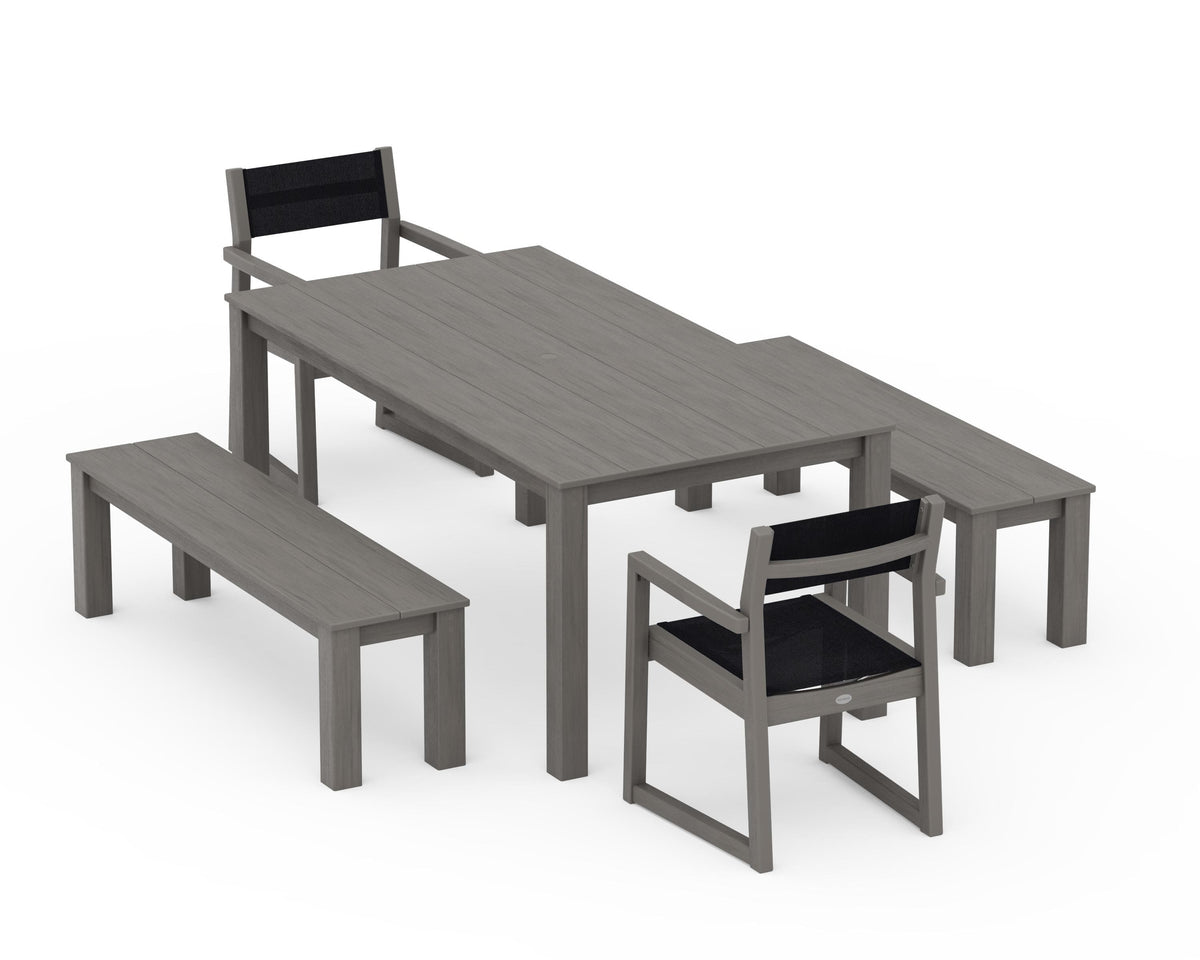 POLYWOOD EDGE Sling Arm Chair 5-Piece Parsons Dining Set with Benches in Driftwood / Black