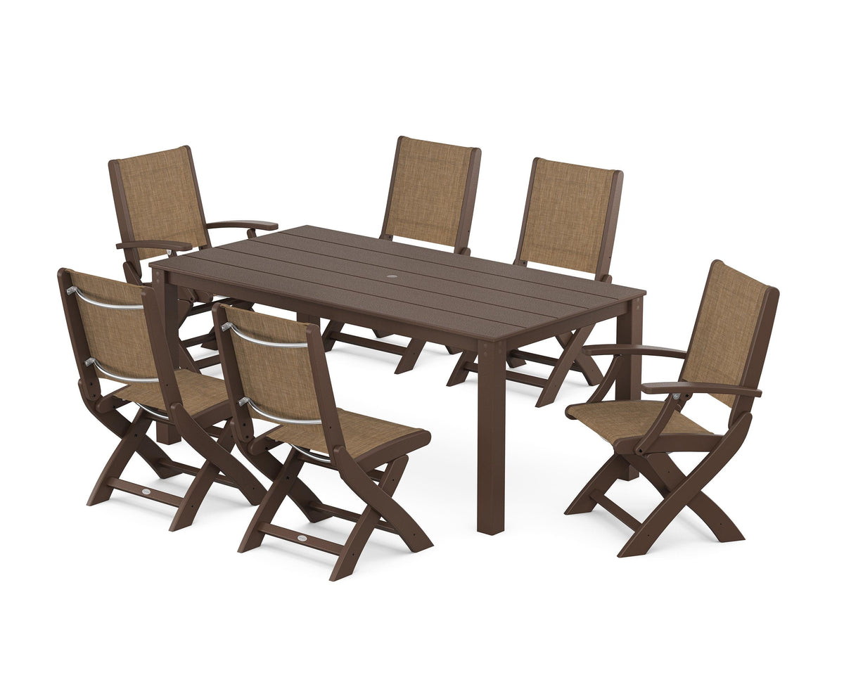POLYWOOD Coastal Folding Chair 7-Piece Parsons Dining Set with Coastal Folding Side Chair in Mahogany / Burlap