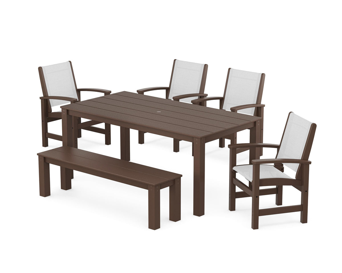 POLYWOOD Coastal 6-Piece Parsons Dining Set with Bench in Mahogany / White