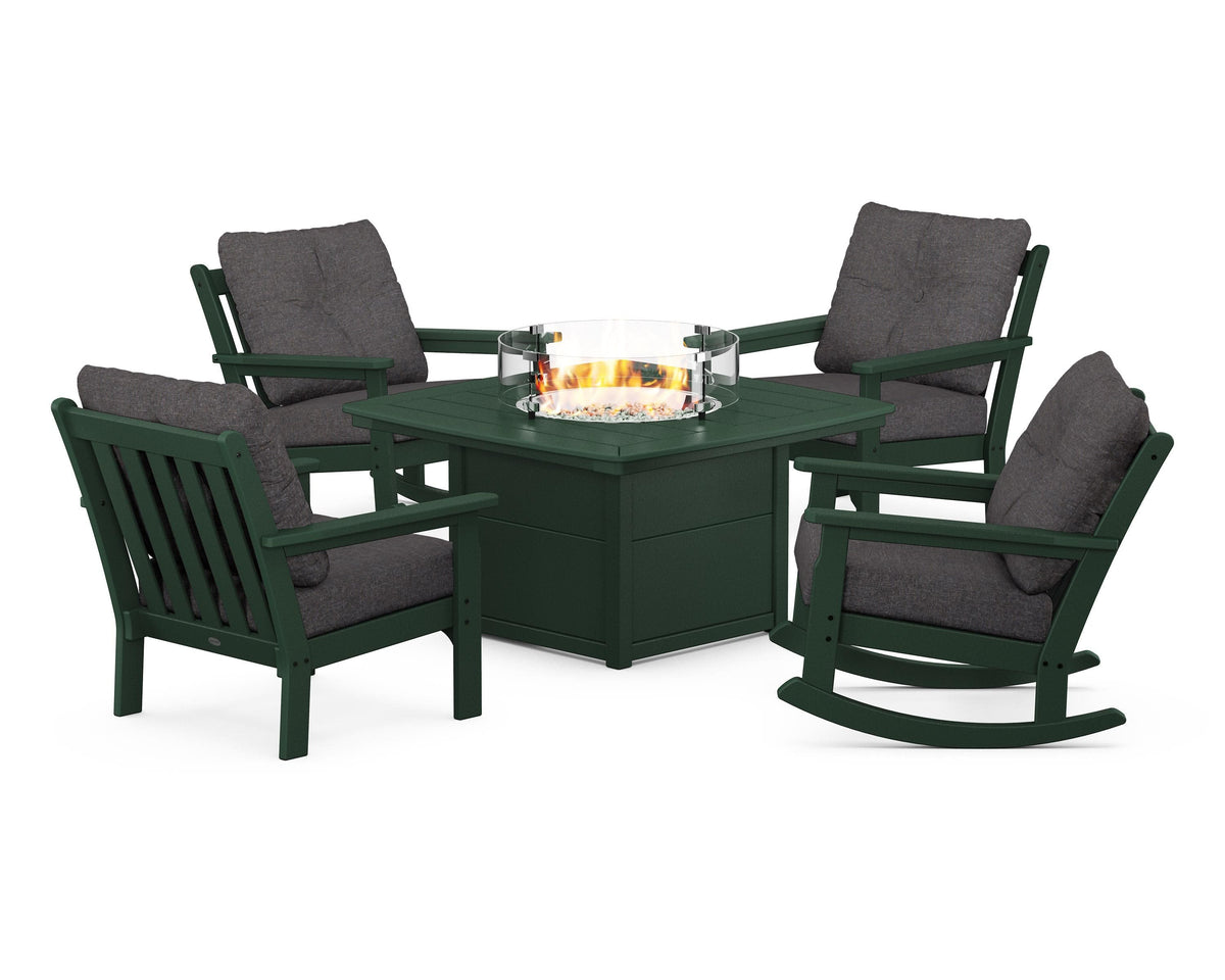 POLYWOOD Vineyard 5-Piece Deep Seating Rocking Chair Conversation Set with Fire Pit Table in Green / Ash Charcoal