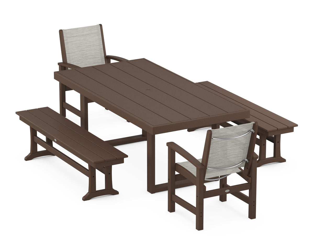 POLYWOOD Coastal 5-Piece Dining Set with Trestle Legs with EDGE 40" x 78" Dining Table in Mahogany / Birch