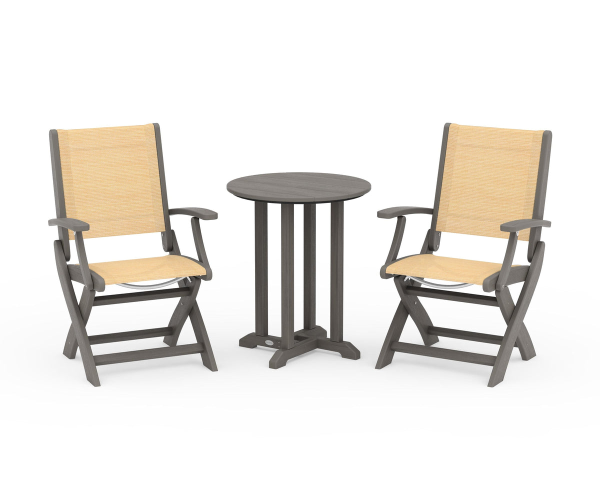 POLYWOOD Coastal Folding 3-Piece Round Bistro Dining Set in Driftwood / Dupioni Apricot