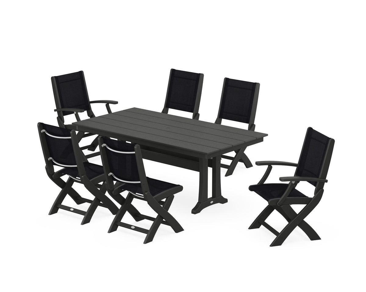 POLYWOOD Coastal Folding Chair 7-Piece Farmhouse Dining Set with Trestle Legs in Black / Black