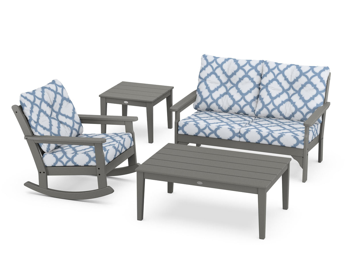 POLYWOOD Vineyard 4-Piece Deep Seating Rocker Set in Slate Grey / Trellis Sky Blue