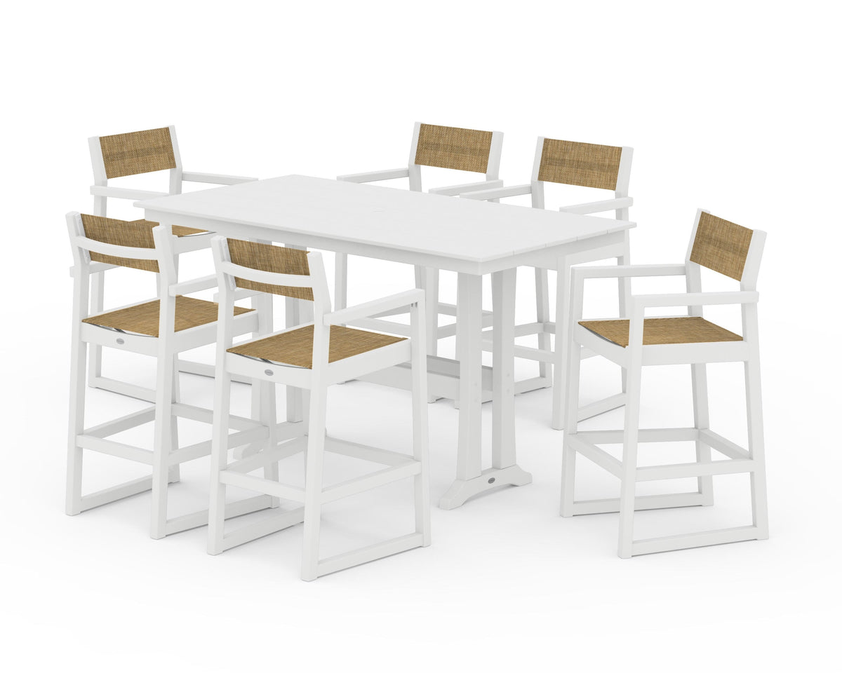 POLYWOOD EDGE Sling Arm Chair 7-Piece Farmhouse Bar Set with Trestle Legs in White / Burlap