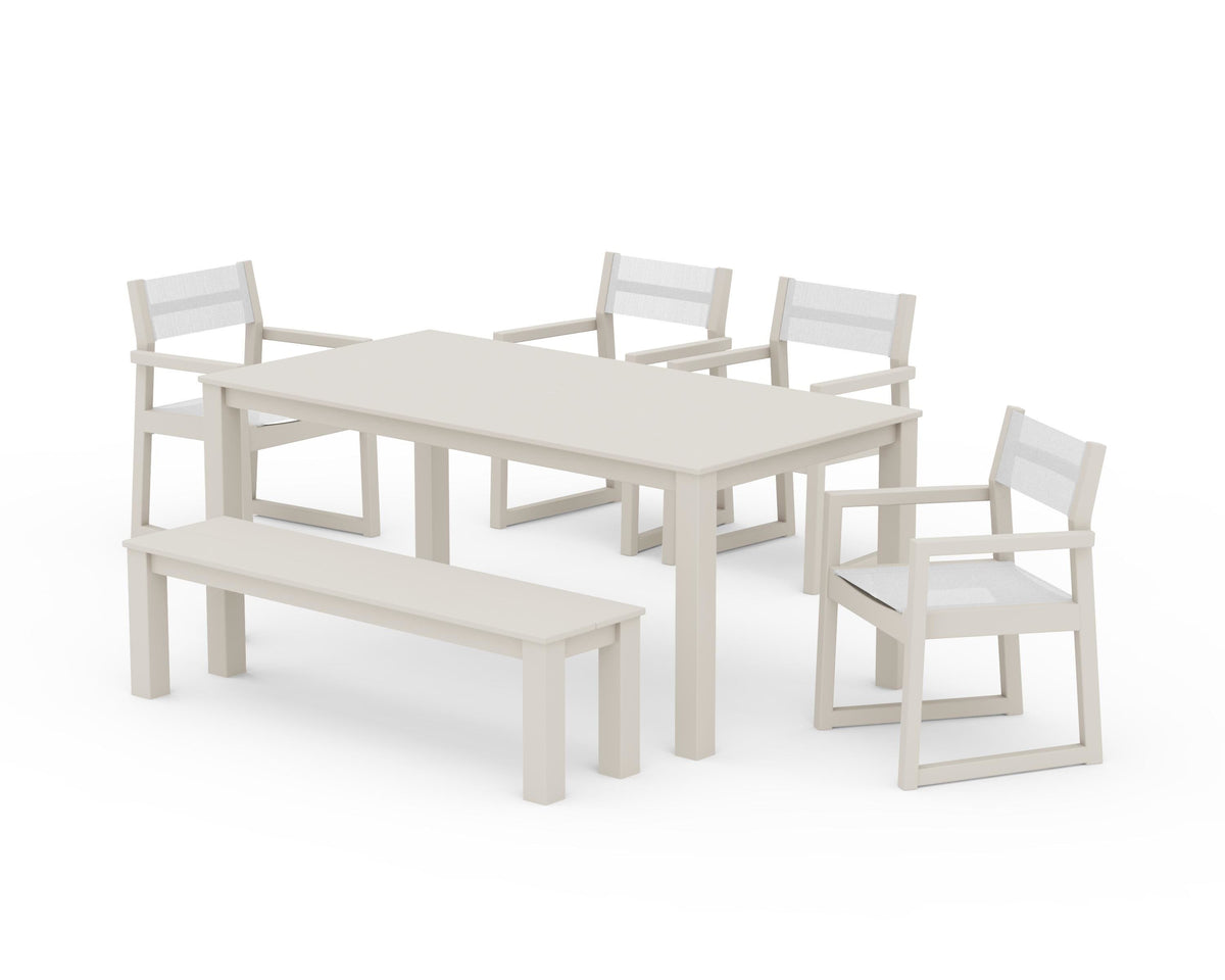 POLYWOOD EDGE Sling Arm Chair 6-Piece Parsons Dining Set with Bench in Sand / White
