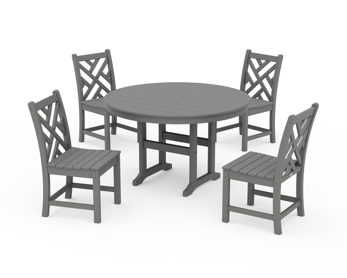 POLYWOOD Chippendale 5-Piece Round Farmhouse Side Chair Dining Set in Slate Grey